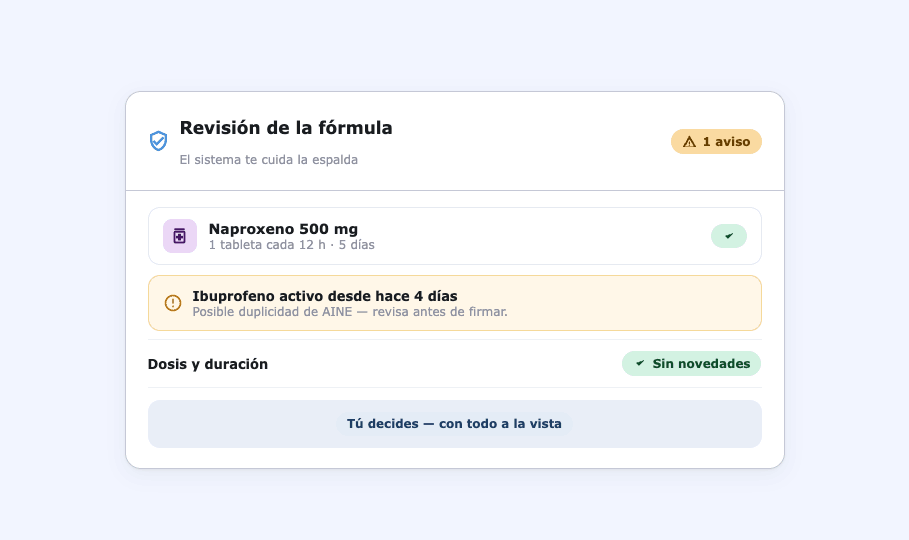 Revisión de la fórmula en Clave: aviso de medicamento activo