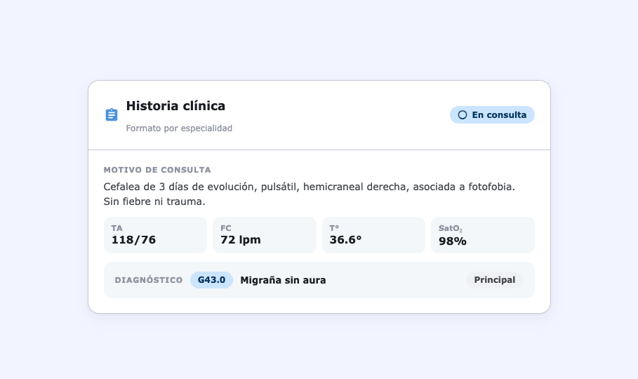 Historia clínica en Clave: motivo de consulta, signos vitales y diagnóstico CIE-10